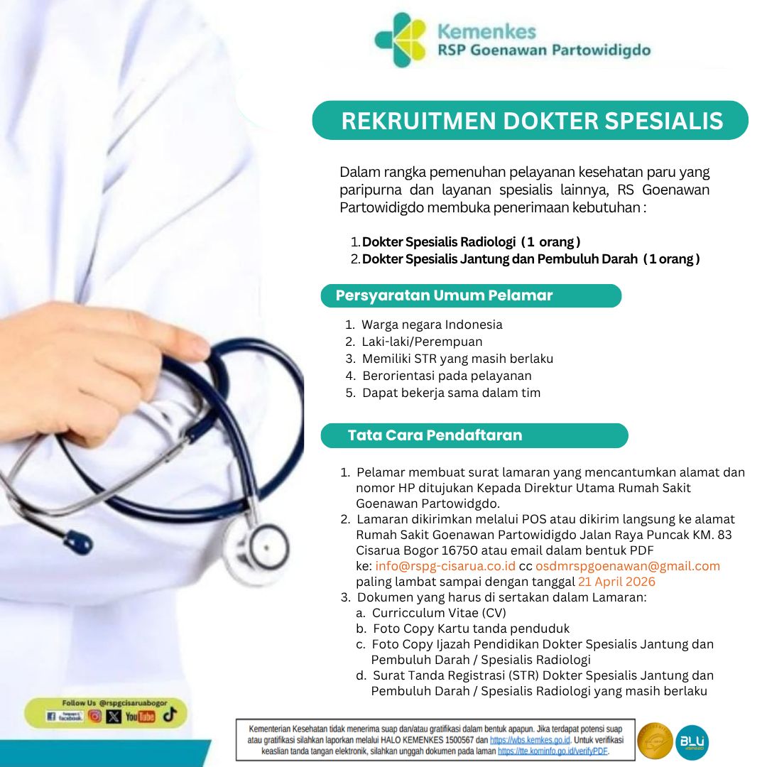 REKRUTMEN DOKTER SPESIALIS JANTUNG PEMBULUH DARAH DAN RADIOLOGI