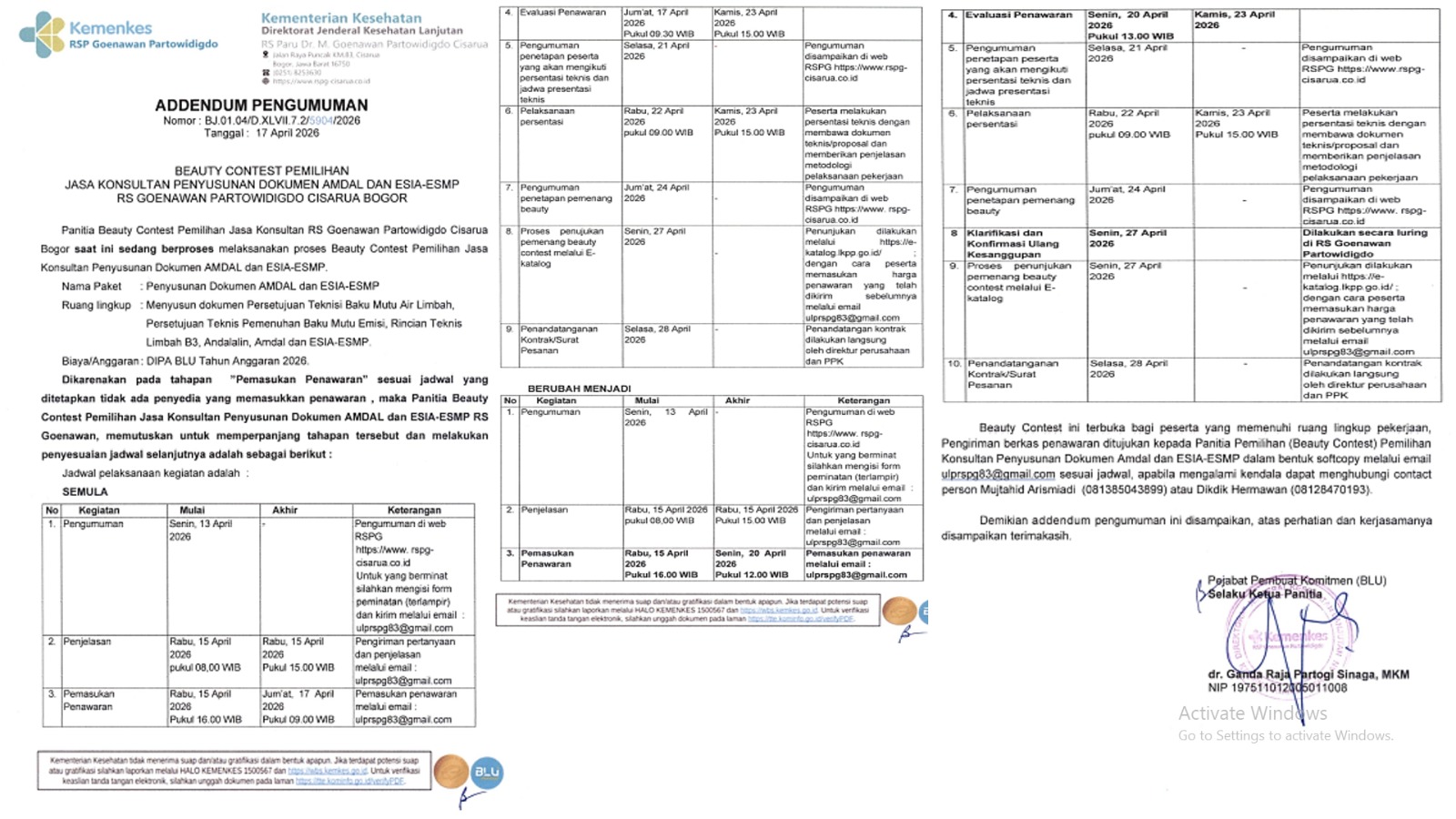 ADDENDUM PENGUMUMAN BEAUTY CONTEST PEMILIHAN JASA KONSULTAN PENYUSUNAN DOKUMEN AMDAL DAN ESIA-ESMP RS GOENAWAN PARTOWIDIGDO CISARUA BOGOR