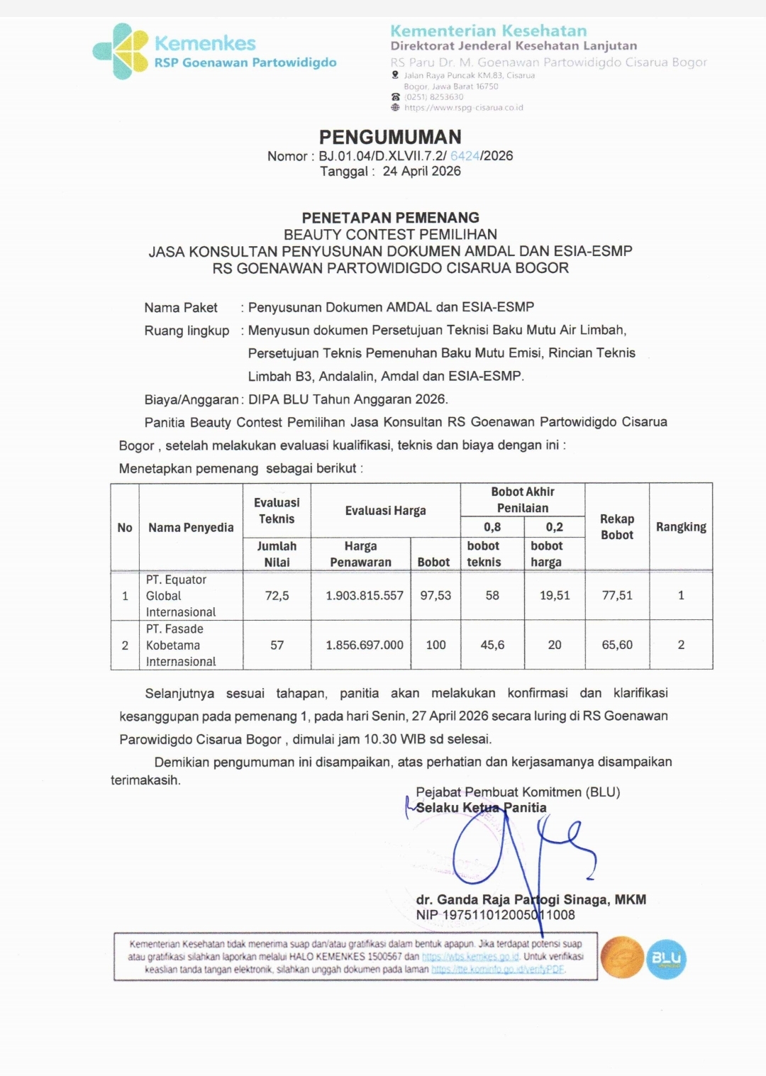 PENGUMUMAN PENETAPAN PEMENANG BEAUTY CONTEST PEMILIHAN JASA KONSULTAN PENYUSUNAN DOKUMEN AMDAL DAN ESIA-ESMP RS GOENAWAN PARTOWIDIGDO